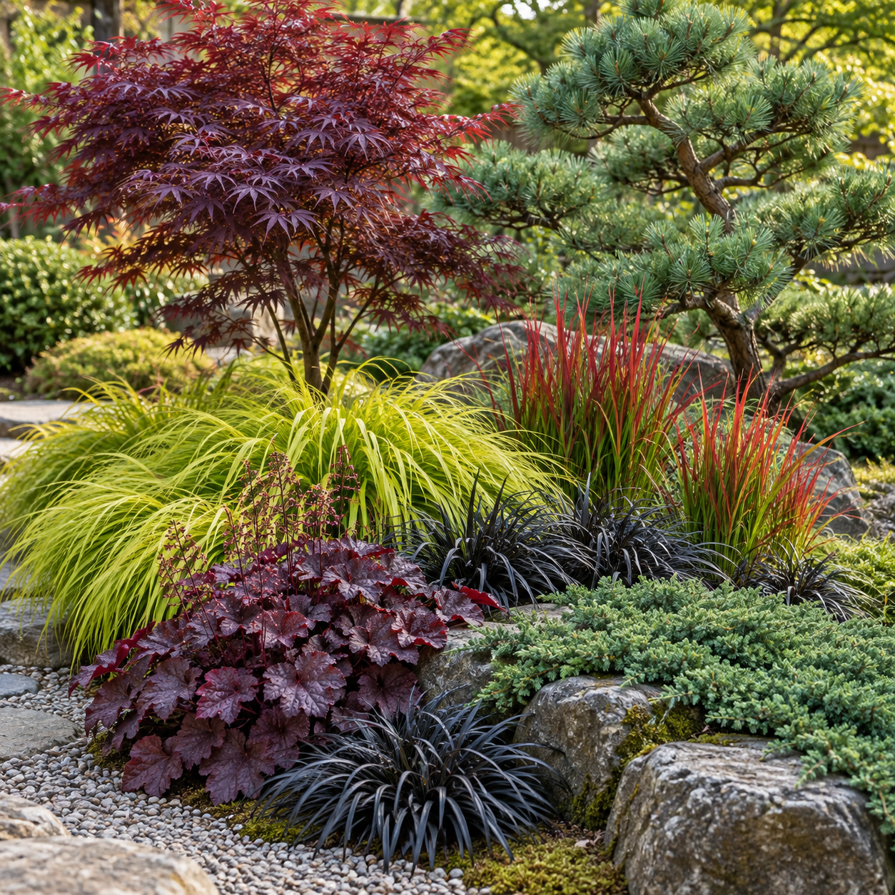 Compoziție de grădină japoneză cu arțar, pin japonez, ienupăr și plante perene decorative