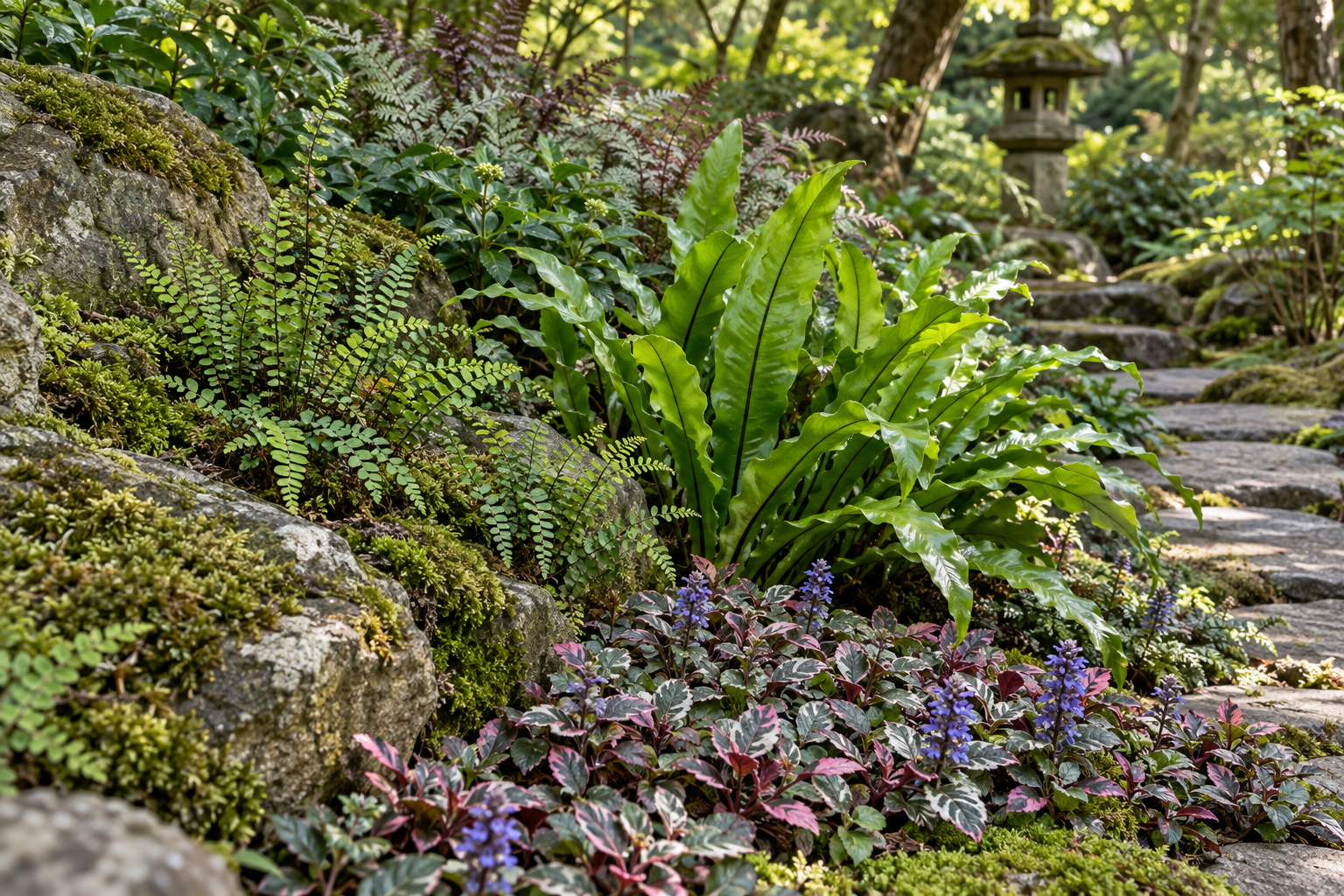 Grădină japoneză cu Asplenium trichomanes, Phyllitis scolopendrium și Ajuga Burgundy Glow