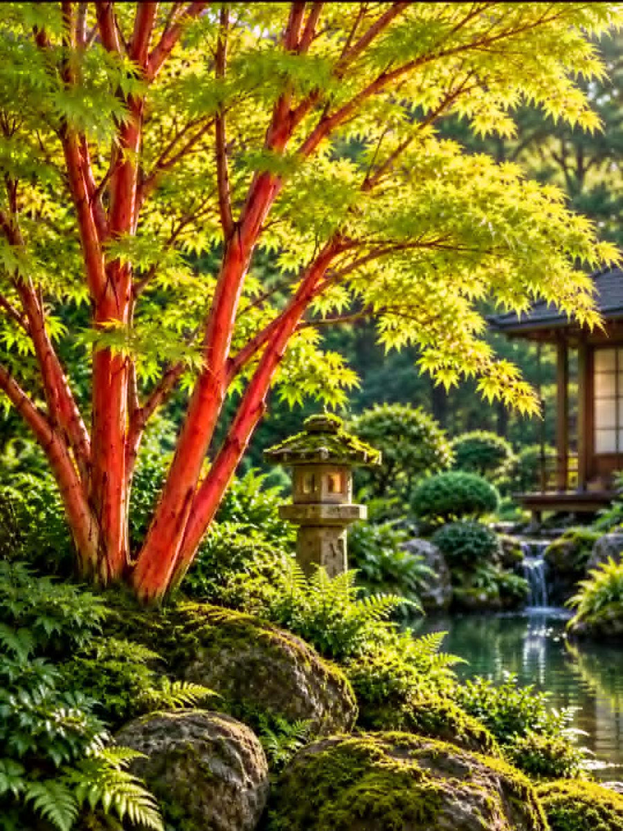 Arțari japonezi într-o grădină de inspirație japoneză