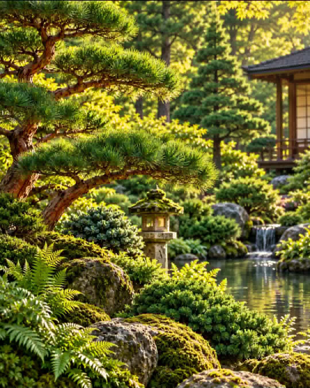 Conifere într-o grădină de inspirație japoneză