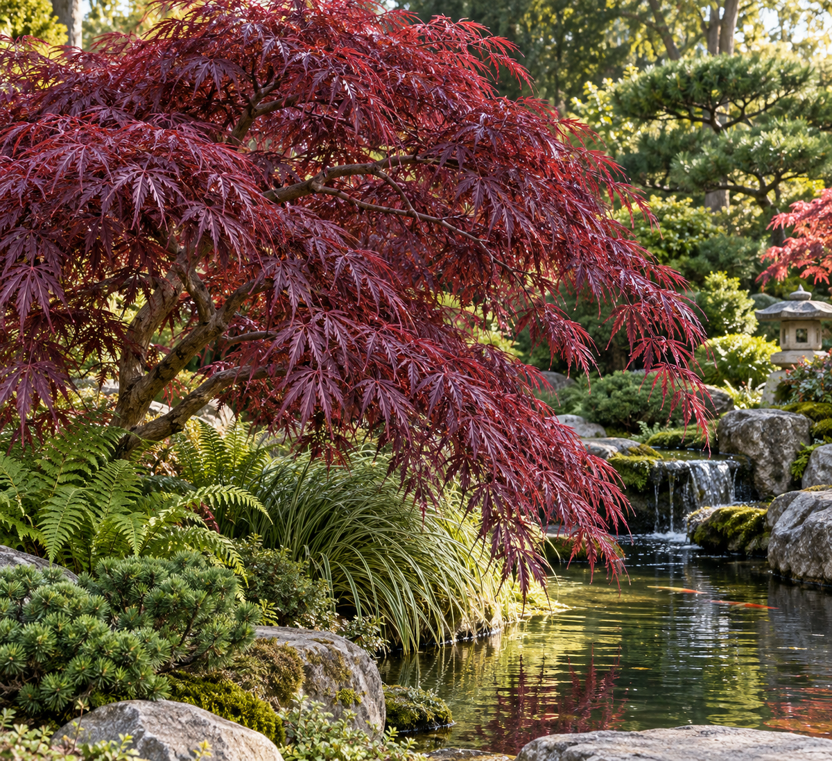 Acer palmatum Inaba Shidare într-o grădină japoneză – imagine ilustrativă