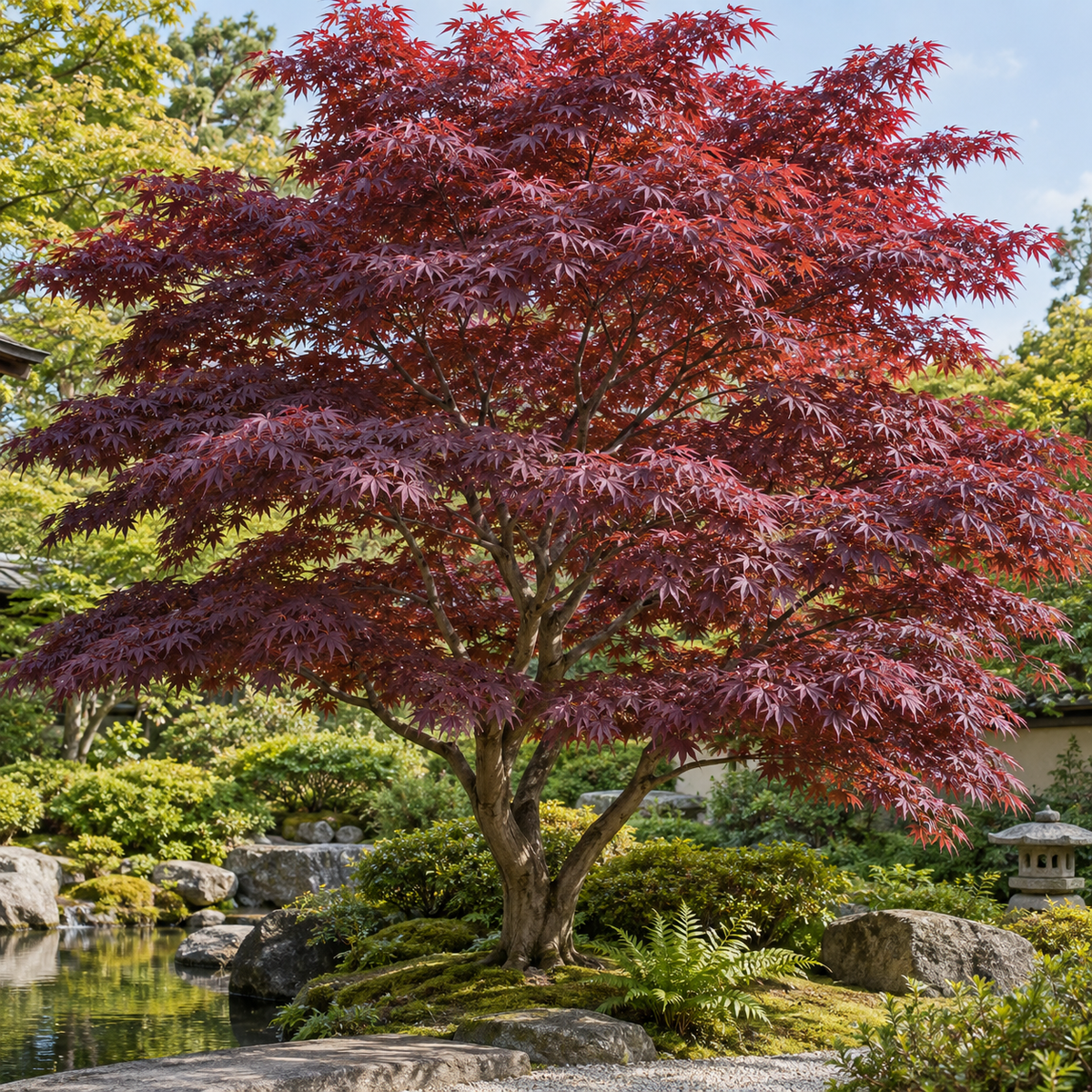 Acer palmatum Atropurpureum – aspectul plantei în grădină, imagine ilustrativă