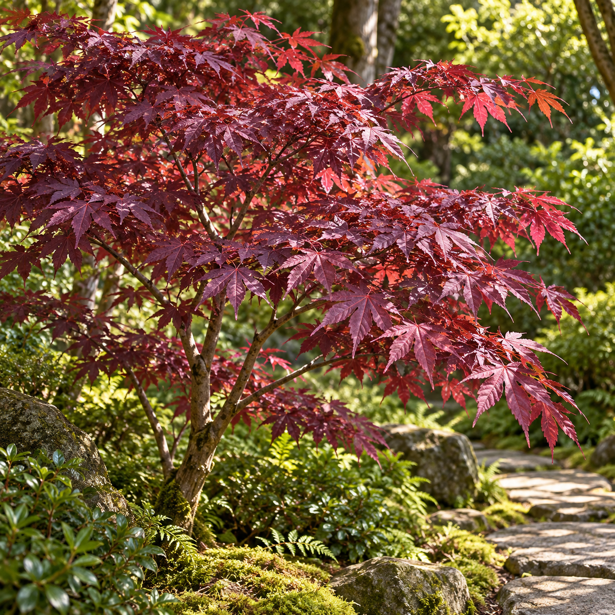 Acer palmatum Atropurpureum – vedere în grădină, imagine ilustrativă