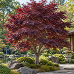 Acer palmatum Bloodgood – aspectul plantei în grădină, imagine ilustrativă