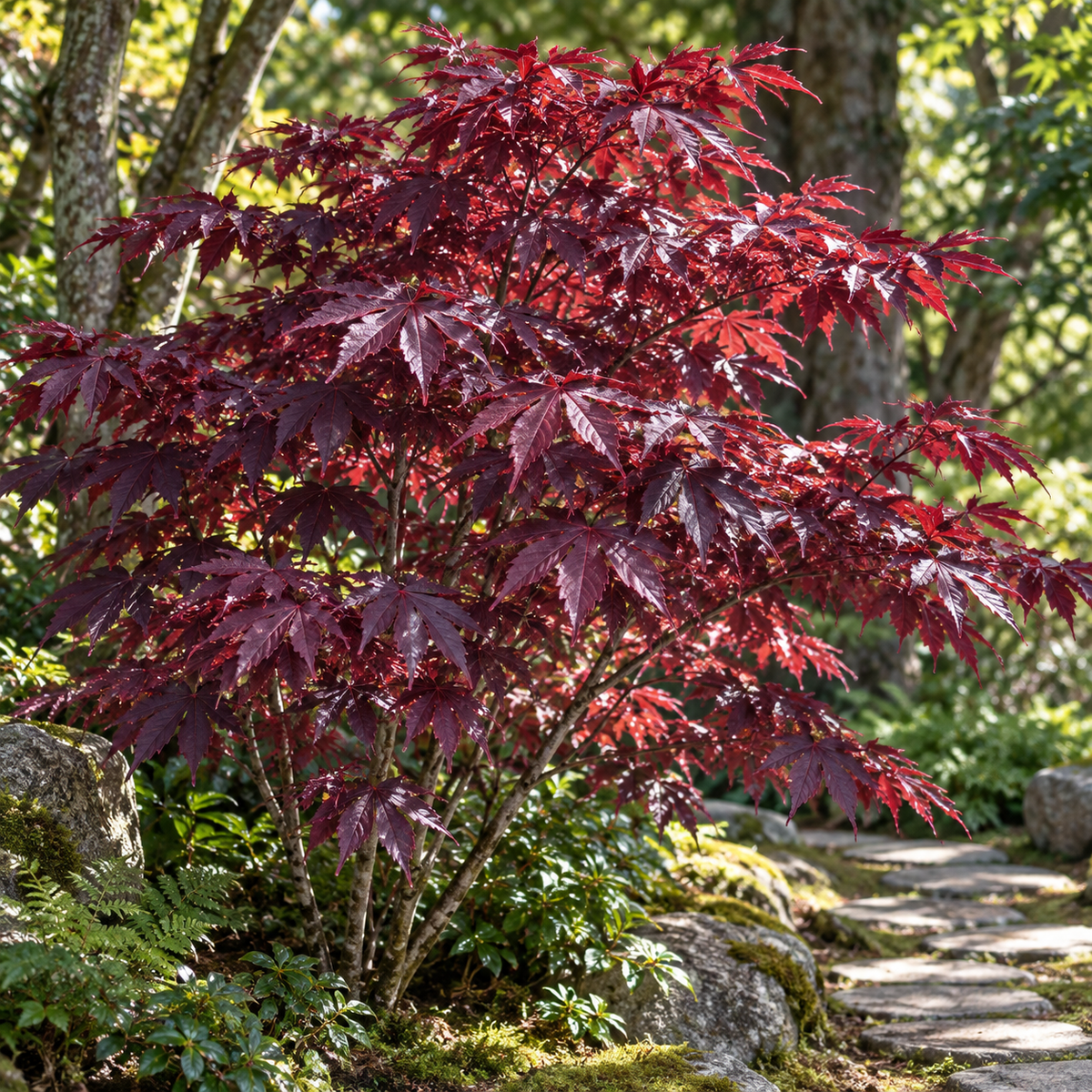 Acer palmatum Bloodgood – vedere în grădină, imagine ilustrativă