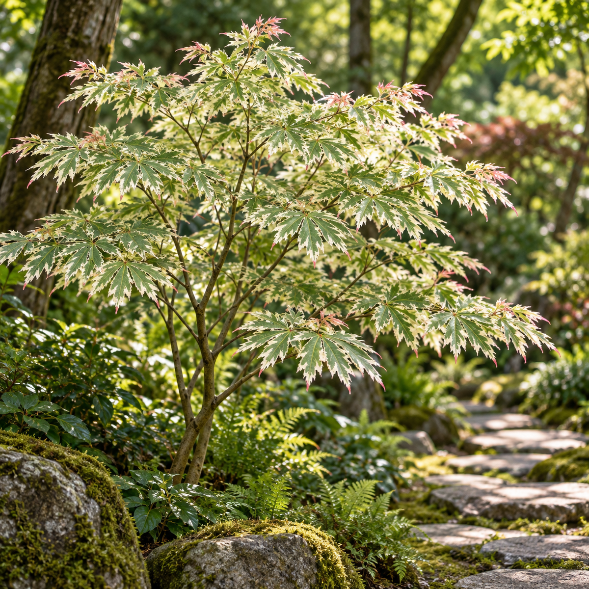 Acer palmatum Butterfly – vedere în grădină, imagine ilustrativă