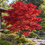 Acer palmatum Fireglow – aspectul plantei în grădină, imagine ilustrativă