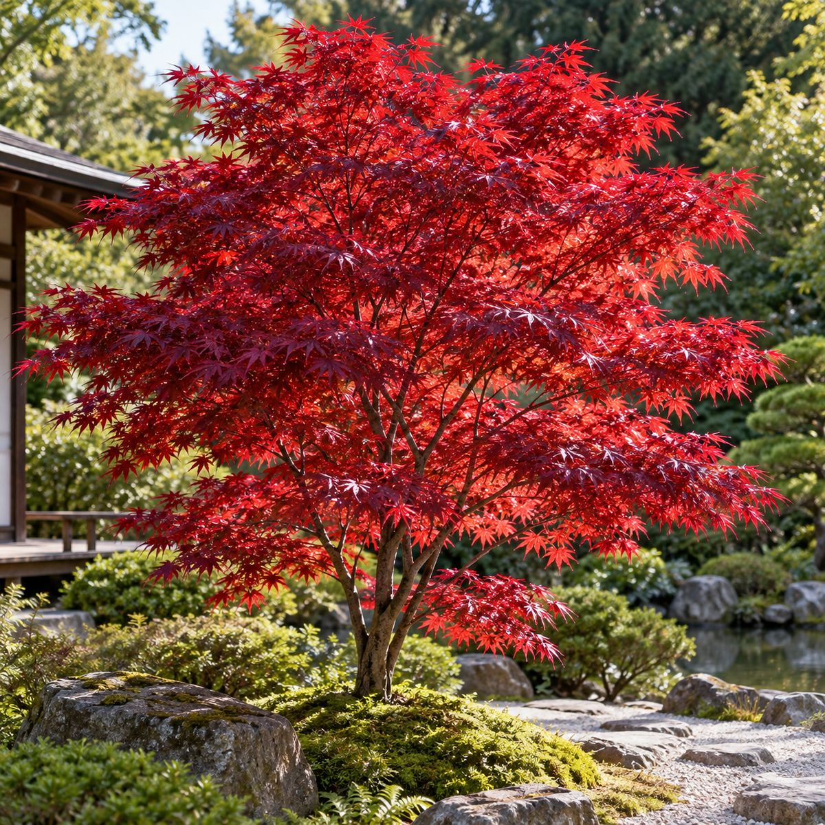 Acer palmatum Fireglow – aspectul plantei în grădină, imagine ilustrativă
