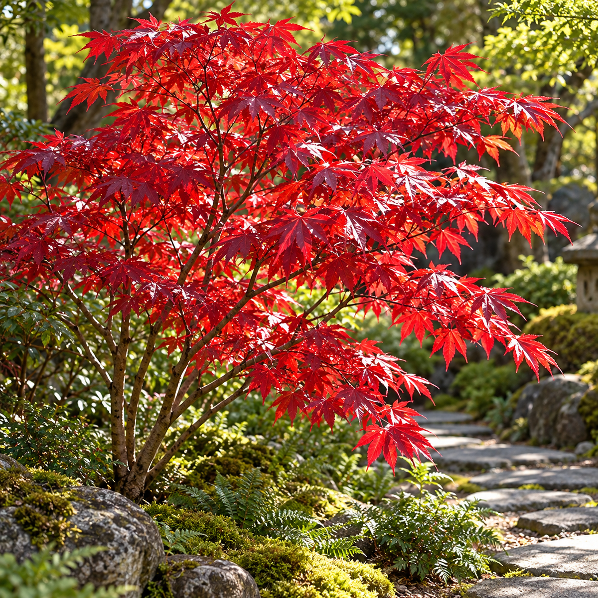 Acer palmatum Fireglow – vedere în grădină, imagine ilustrativă