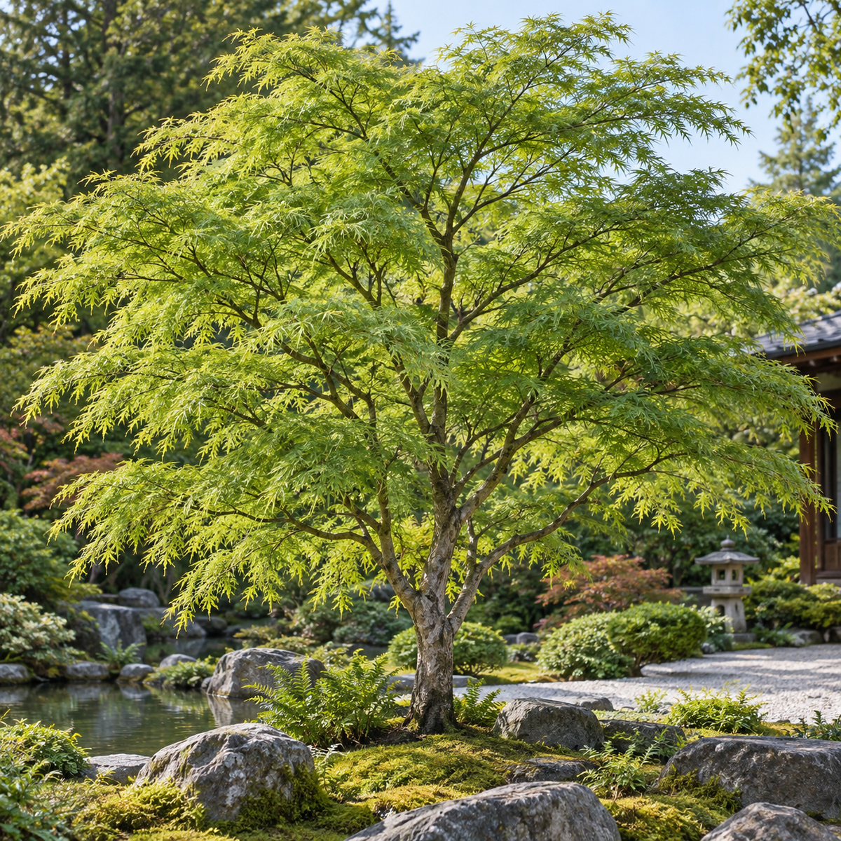 Acer palmatum Seiryu – aspectul plantei în grădină, imagine ilustrativă