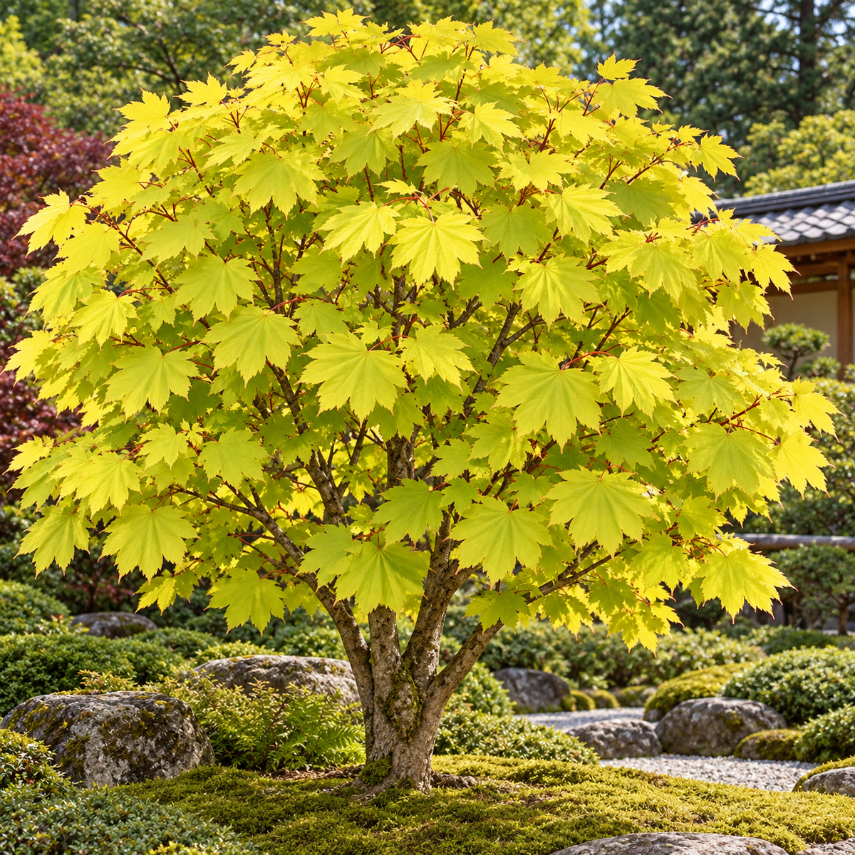 Acer shirasawanum Aureum – aspectul plantei în grădină, imagine ilustrativă