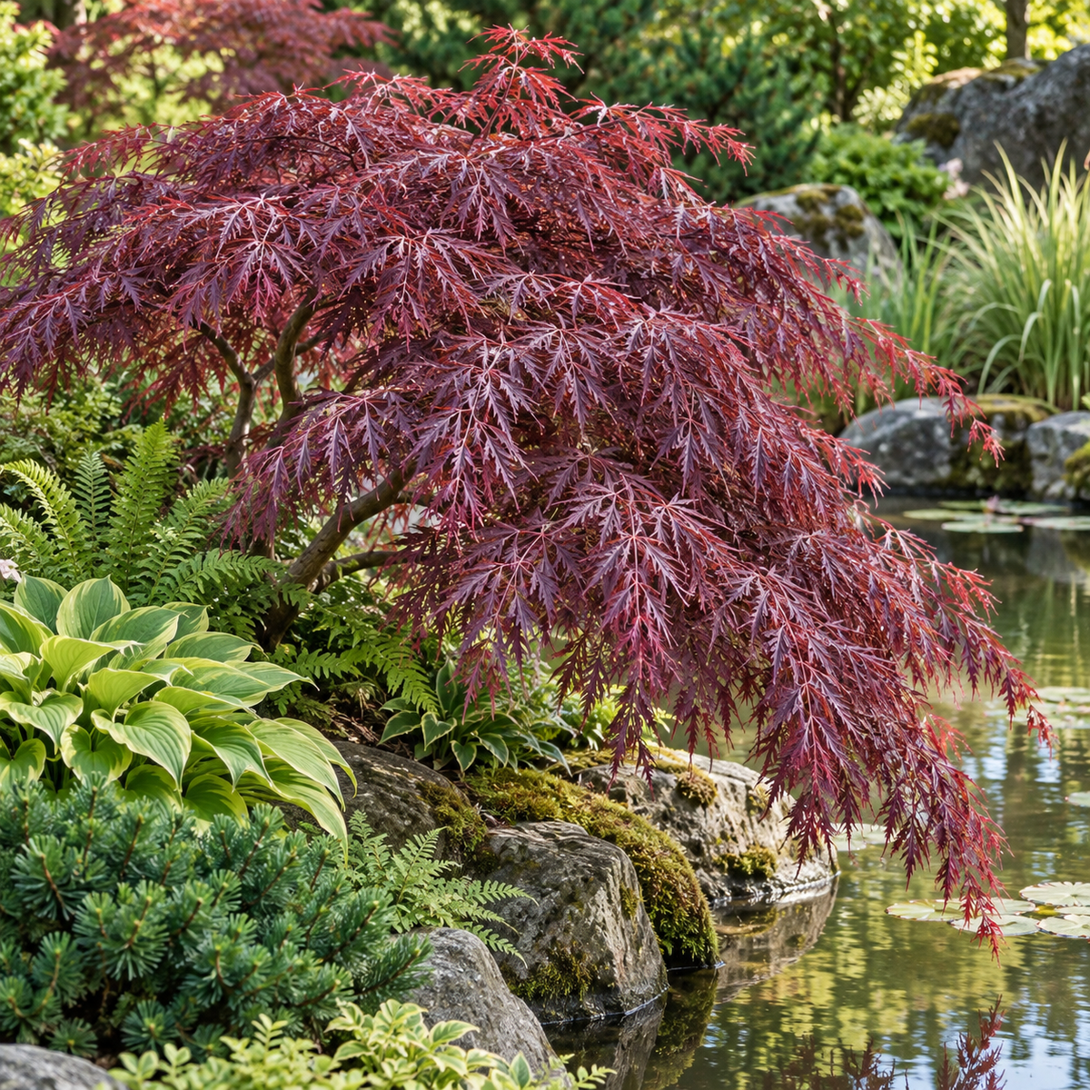 Acer palmatum Tamukeyama în grădină japoneză – imagine ilustrativă