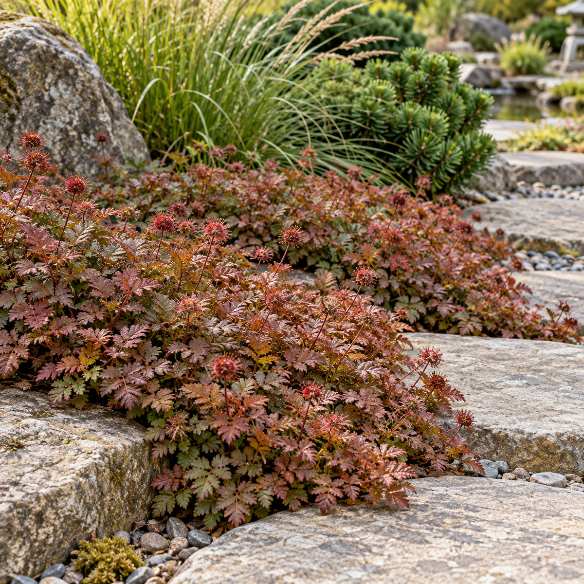 Acaena microphylla ‘Kupferteppich’ – compoziție în grădină, imagine orientativă