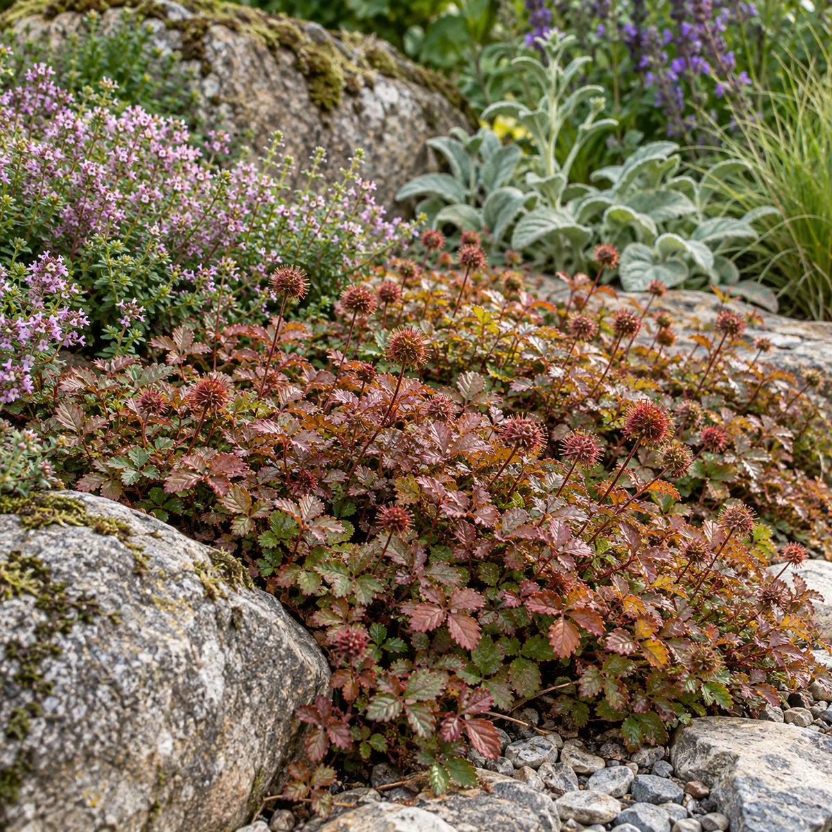 Acaena microphylla ‘Kupferteppich’ – compoziție în grădină, imagine orientativă
