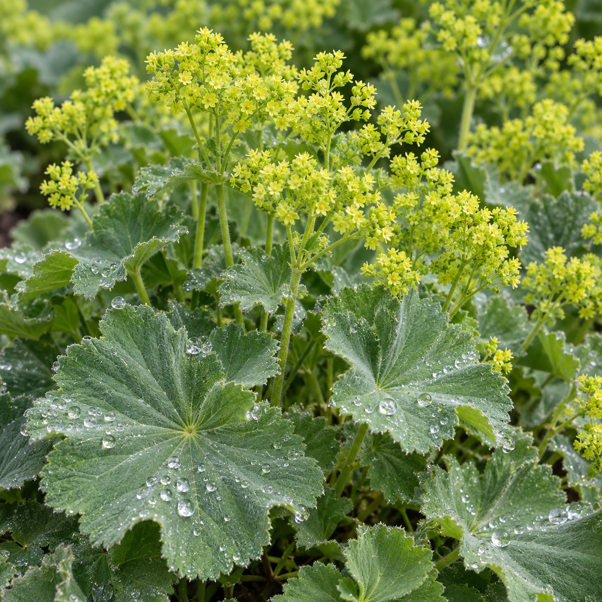 Alchemilla mollis ‘Thriller’ – detaliu frunze și flori