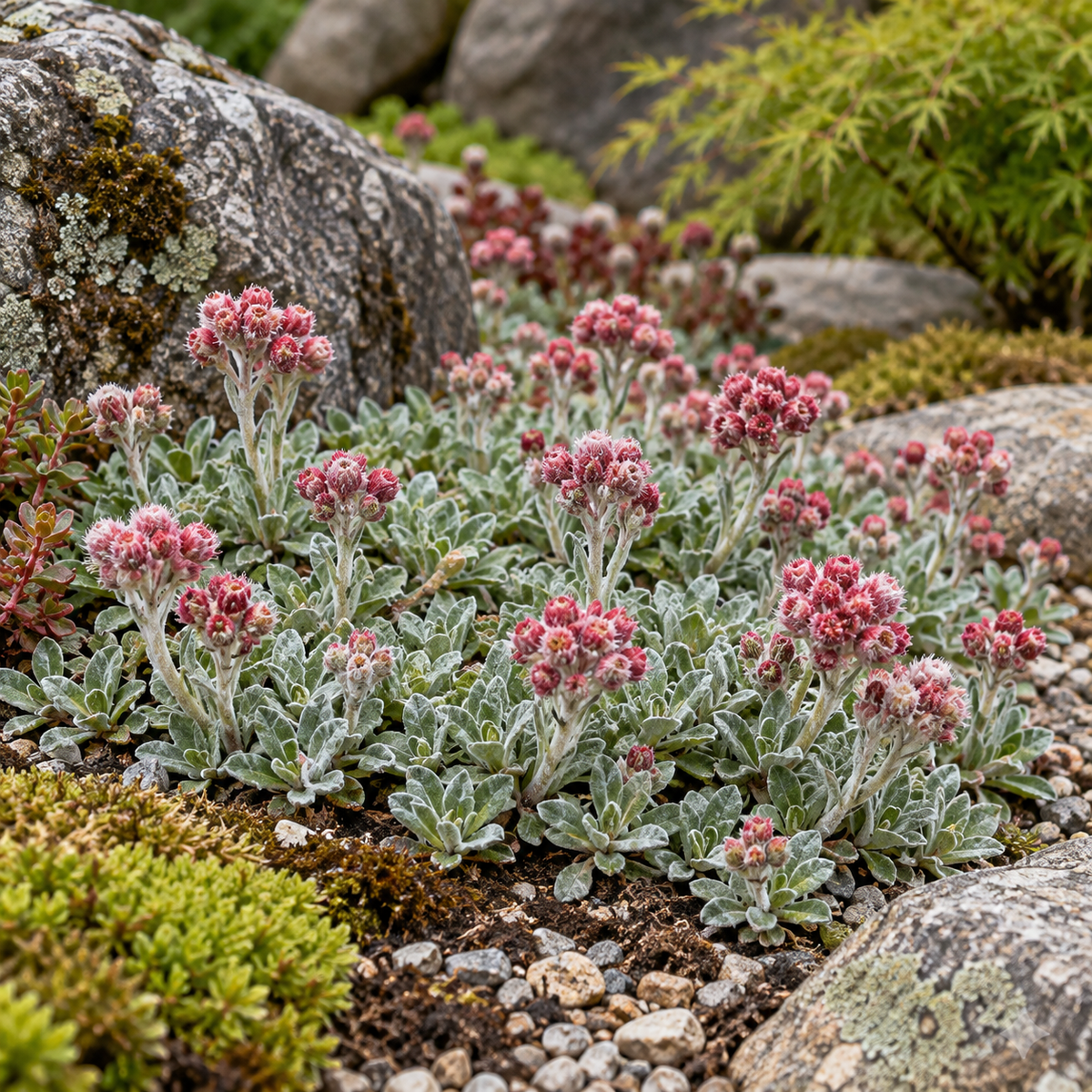 Antennaria – Antennaria dioica ‘Rubra’ – plantă matură în grădină. Imagine ilustrativă.