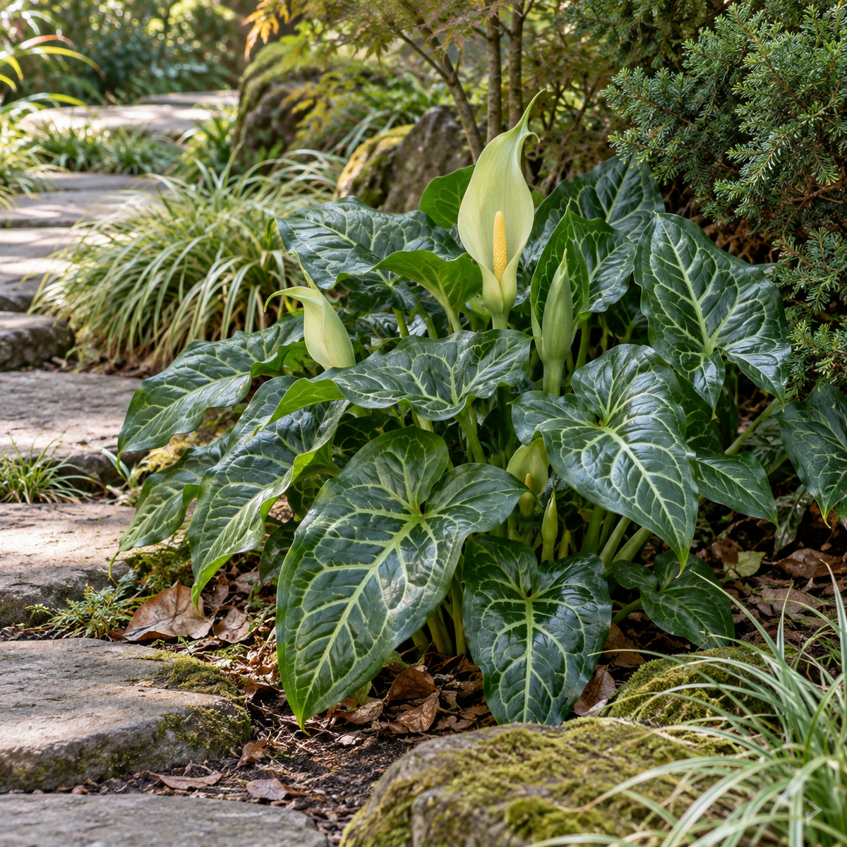 Arum italicum – compoziție în grădină, imagine orientativă