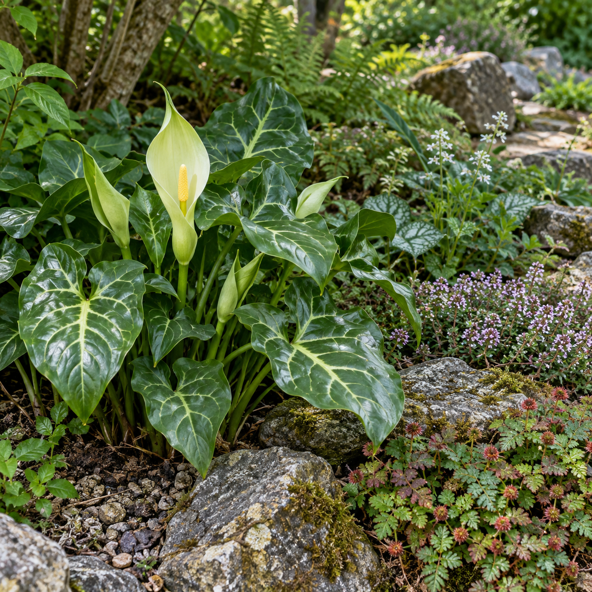 Arum italicum – compoziție în grădină, imagine orientativă