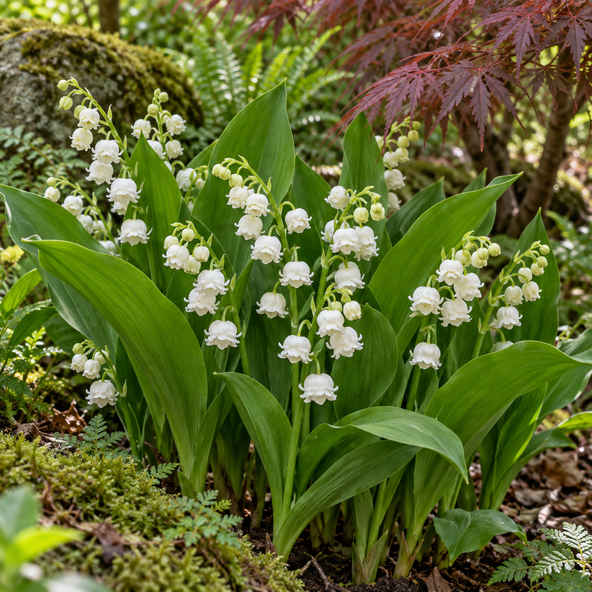 Lăcrămioare cu flori duble – Convallaria majalis ‘Double White’ – plantă matură în grădină. Imagine ilustrativă.