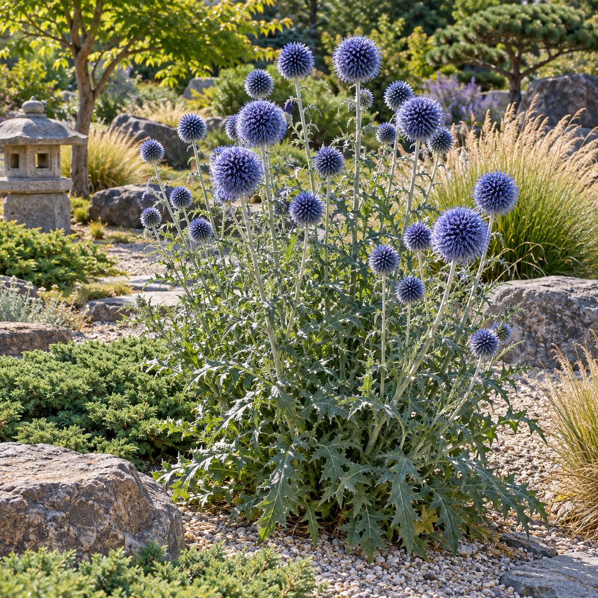 Ciulin albastru – Echinops bannaticus ‘Blue Globe’ – exemplu de compoziție. Imagine ilustrativă.