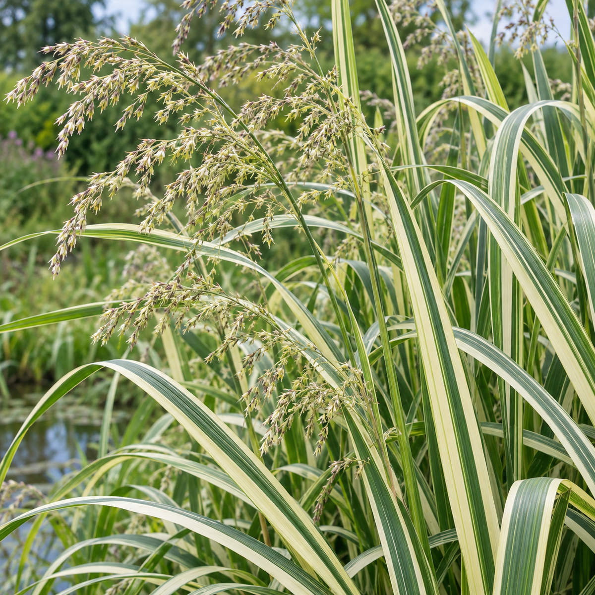 Glyceria maxima ‘Variegata’ – detaliu frunze dungate și inflorescențe