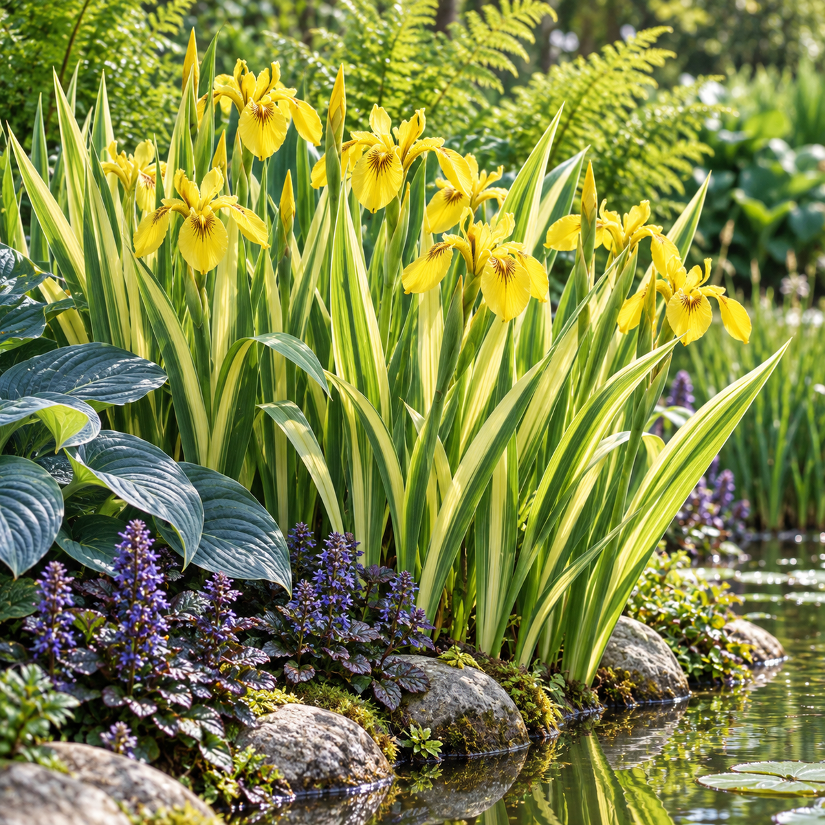 Iris pseudacorus ‘Variegata’ – amenajare de grădină 1