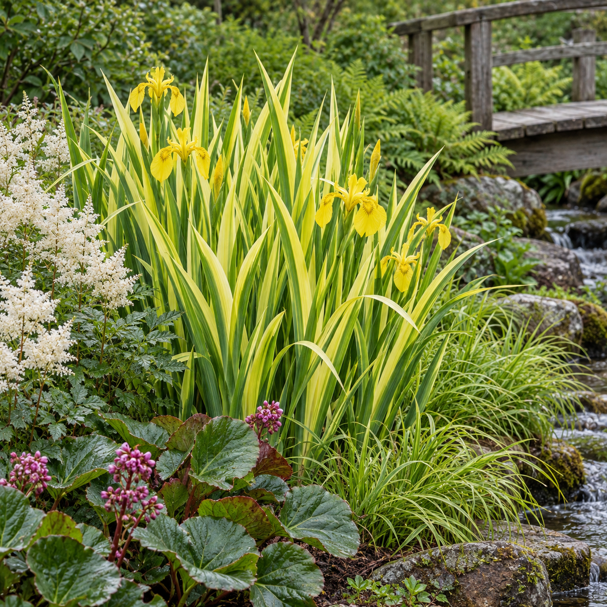 Iris pseudacorus ‘Variegata’ – amenajare de grădină 2