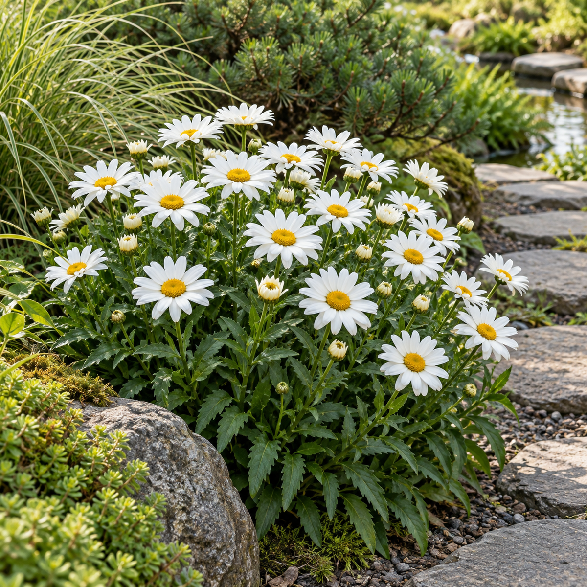 Leucanthemum × superbum ‘Madonna’ – compoziție în grădină, imagine orientativă