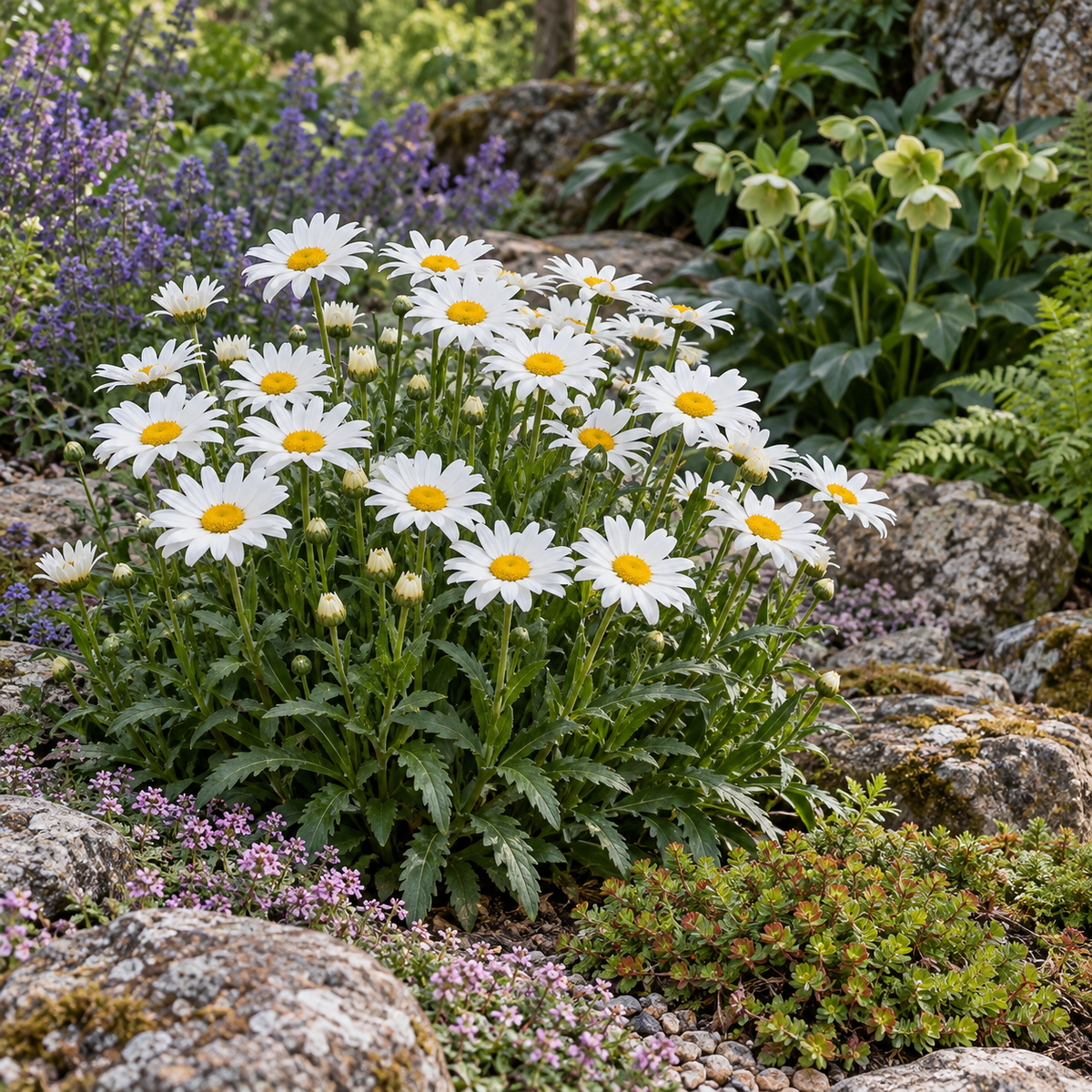 Leucanthemum × superbum ‘Madonna’ – compoziție în grădină, imagine orientativă