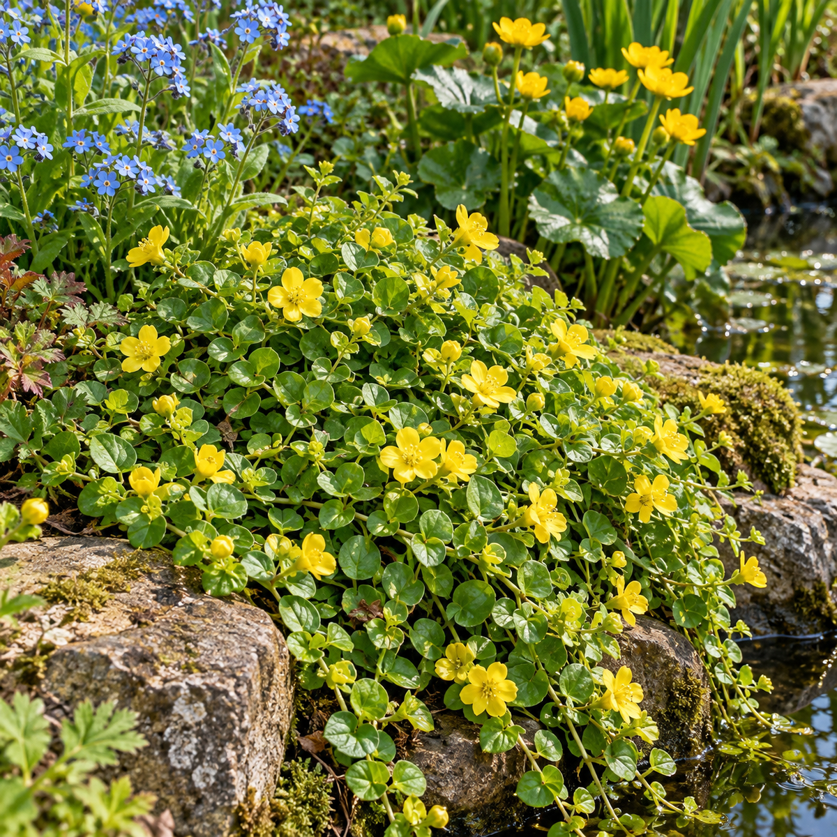 Lysimachia nummularia – exemplu de amenajare în grădină