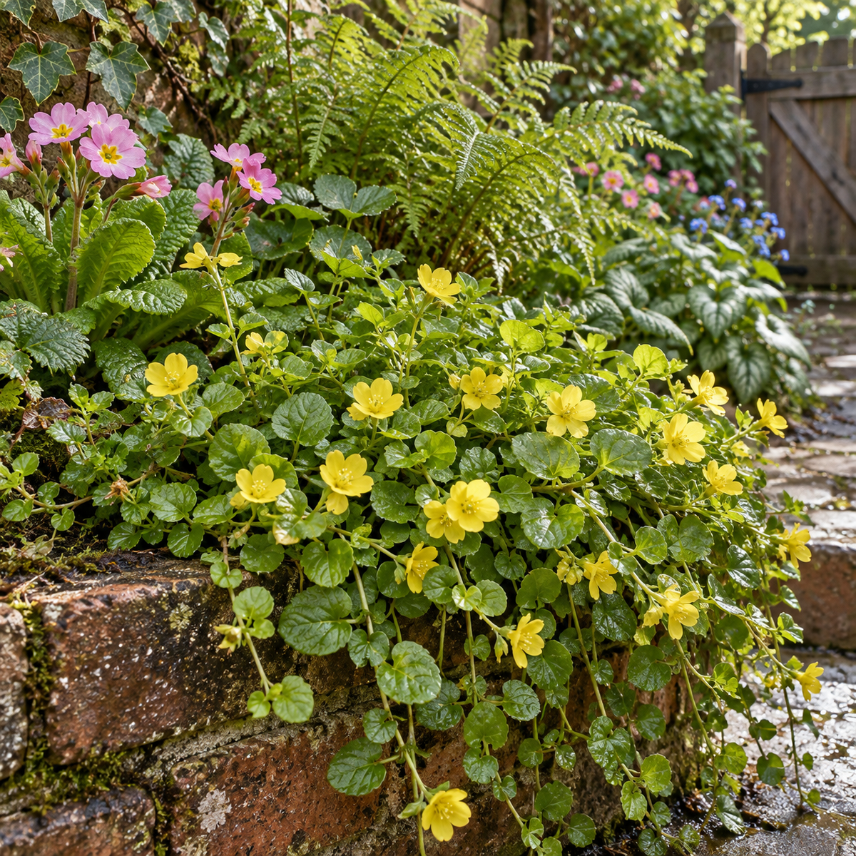 Lysimachia nummularia – exemplu de amenajare în grădină