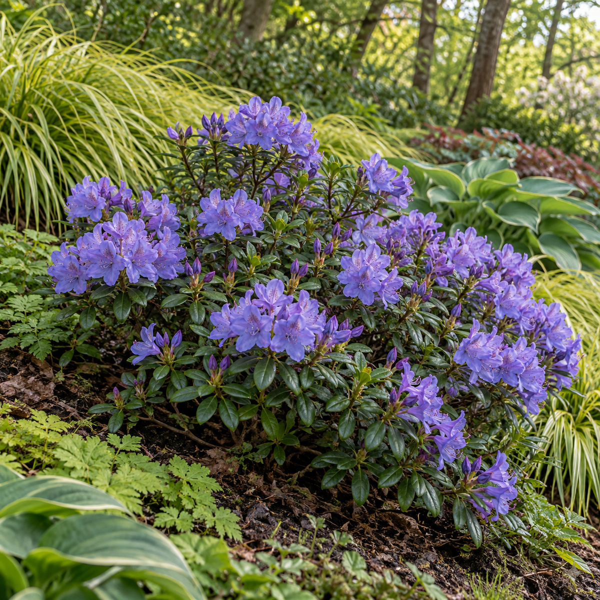 Rhododendron ‘Blue Tit’ — în grădină (ilustrație)
