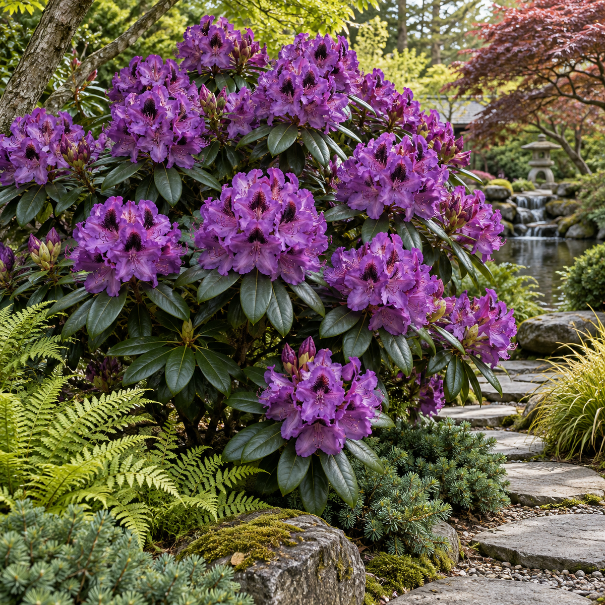 Rhododendron ‘Purple Splendour’ — în grădină (ilustrație)