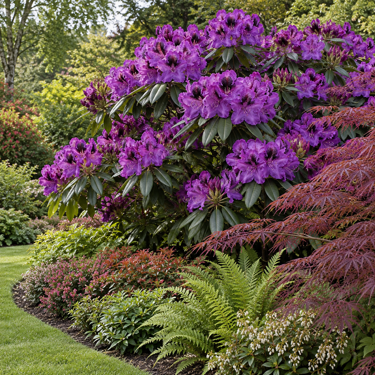 Rhododendron ‘Purple Splendour’ — în grădină (ilustrație)