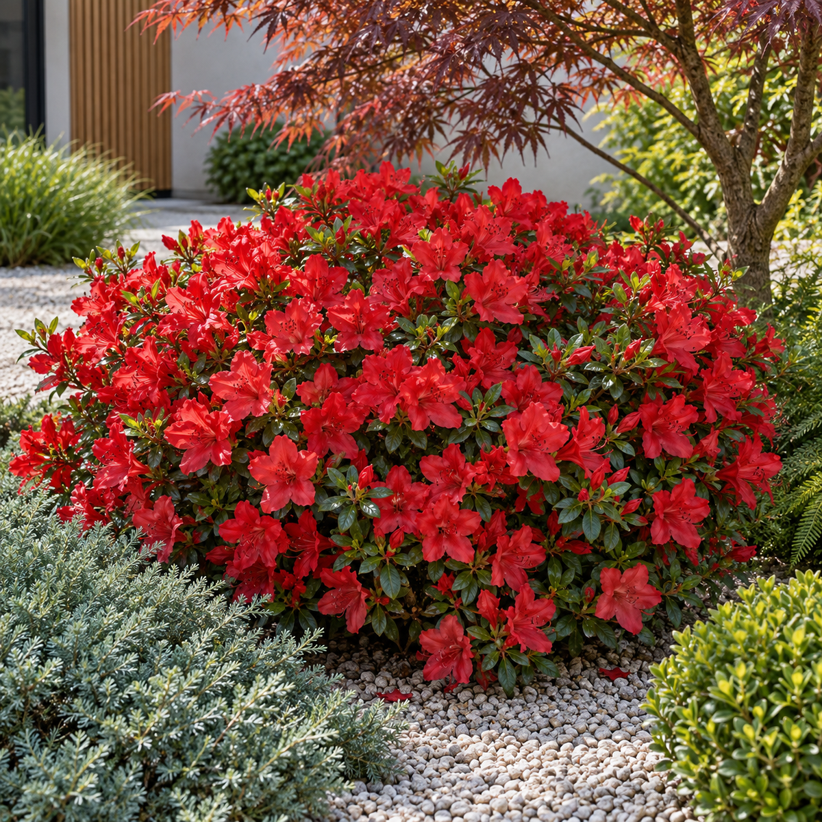 Azalea japonica ‘Hino Crimson’ — în grădină (ilustrație)