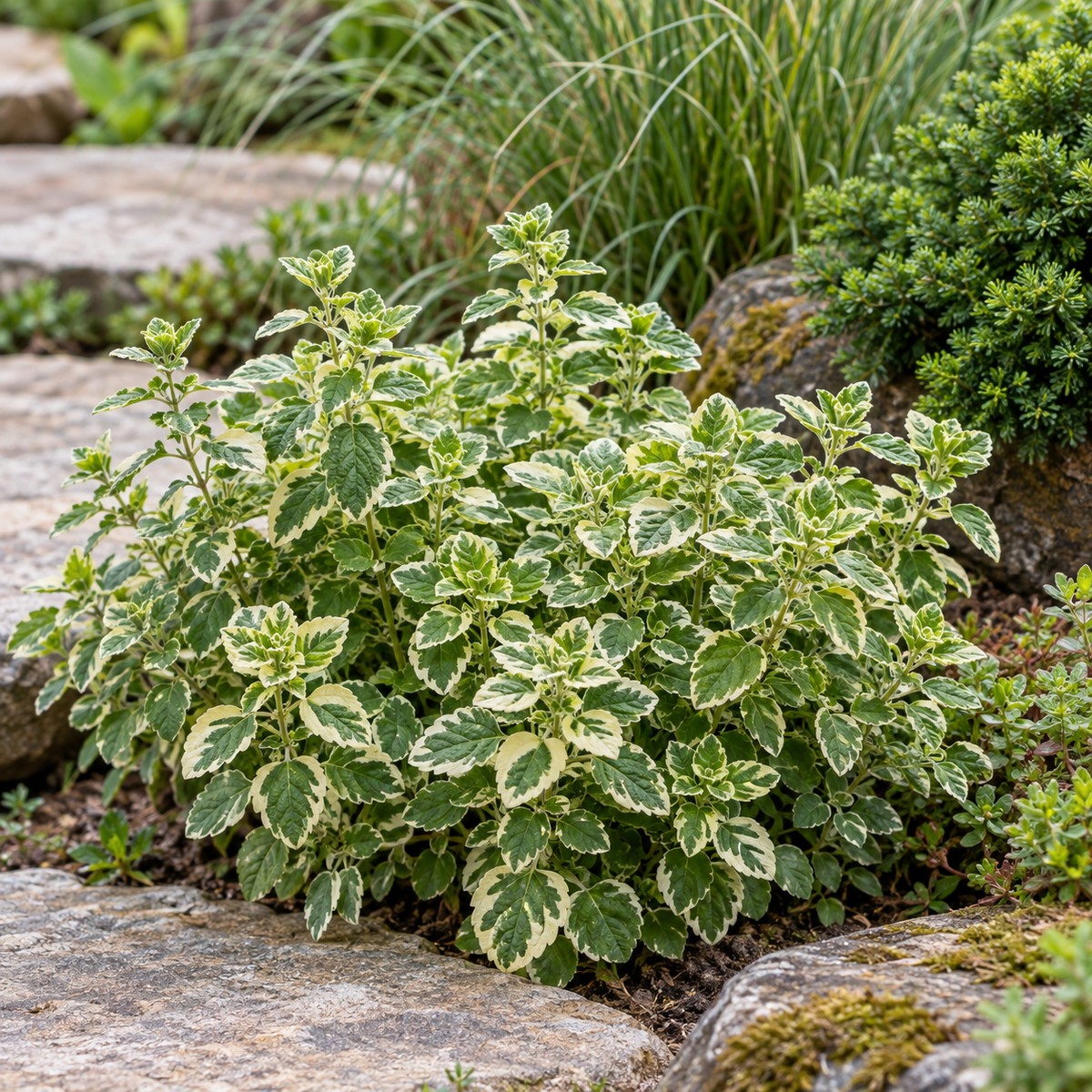 Origanum vulgare ‘Variegata’ – compoziție în grădină, imagine orientativă