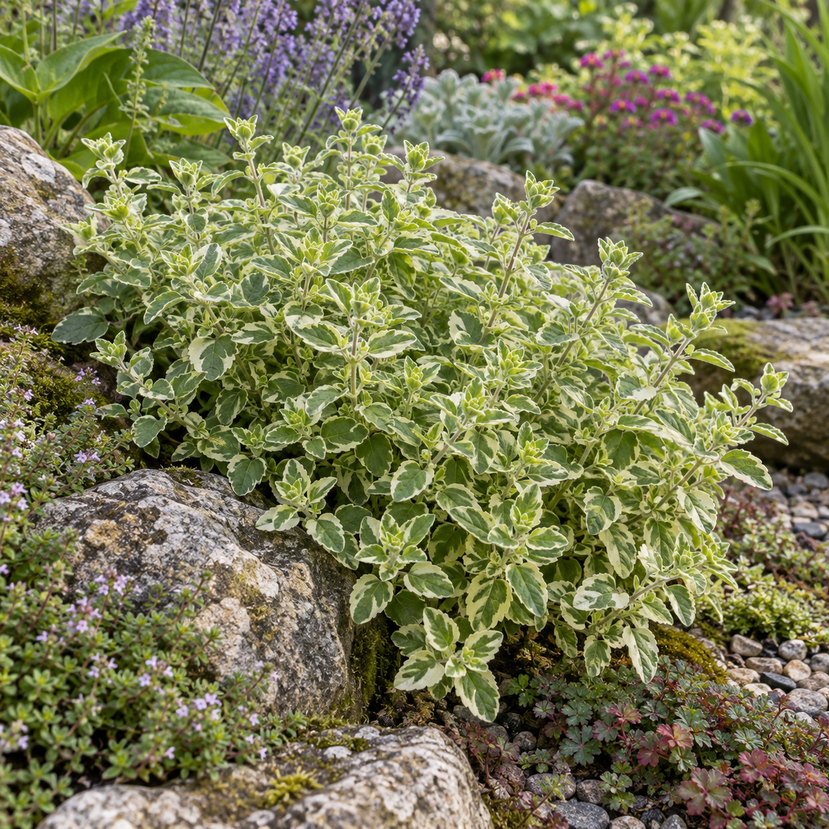 Origanum vulgare ‘Variegata’ – compoziție în grădină, imagine orientativă