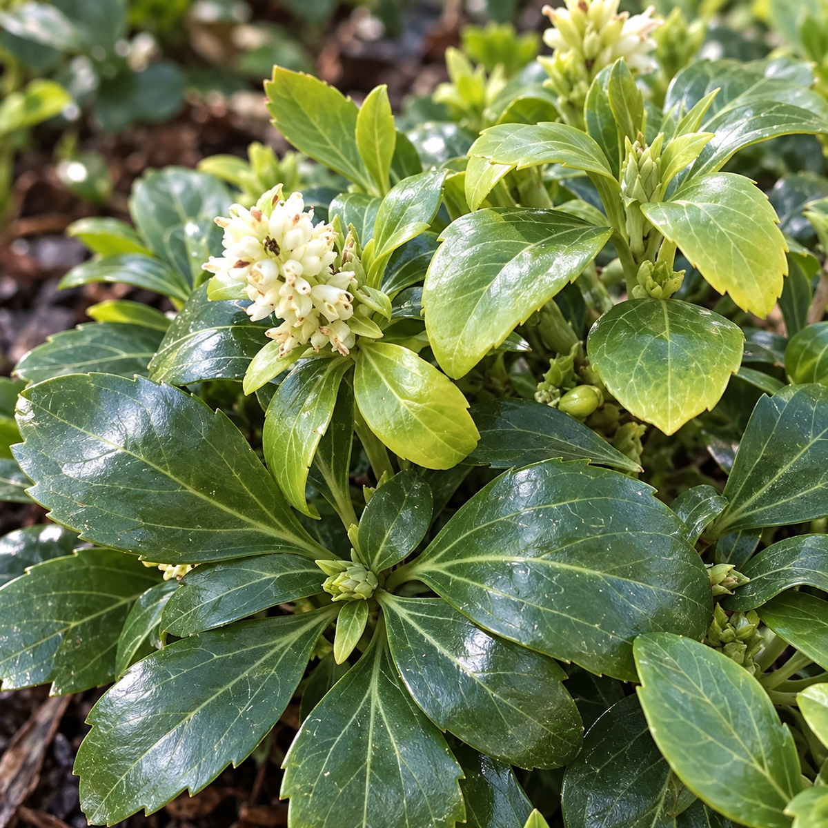 Pachysandra terminalis ‘Green Carpet’ – detaliu al frunzelor