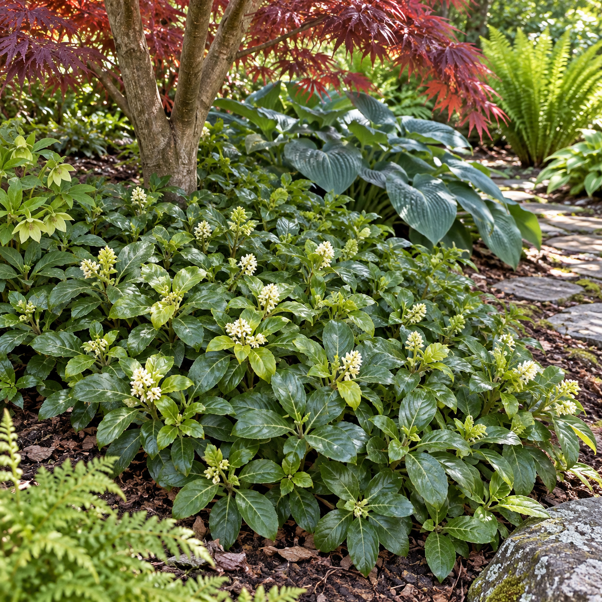 Pachysandra terminalis ‘Green Carpet’ – exemplu de amenajare în grădină