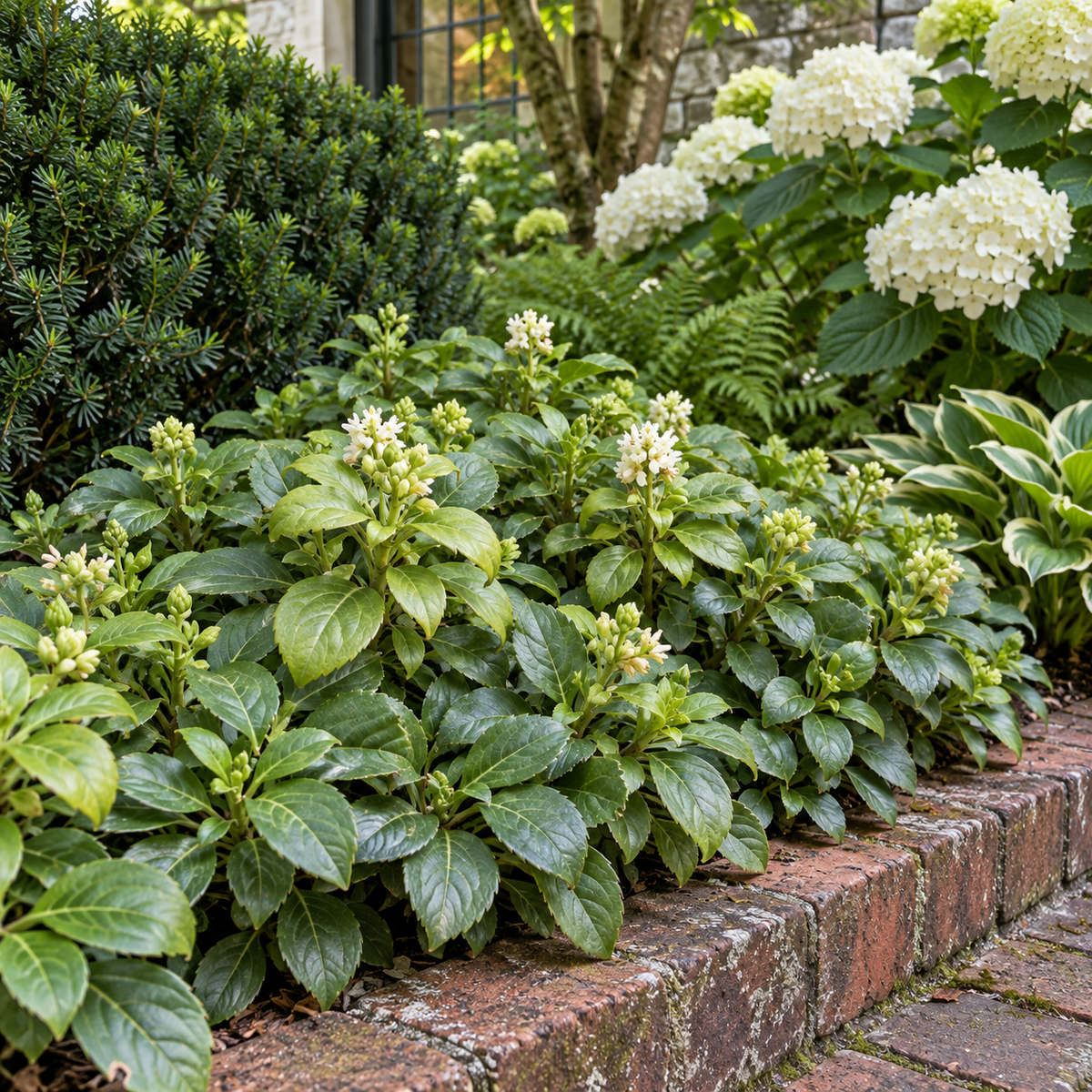 Pachysandra terminalis ‘Green Carpet’ – amenajare cu tisă și hortensie