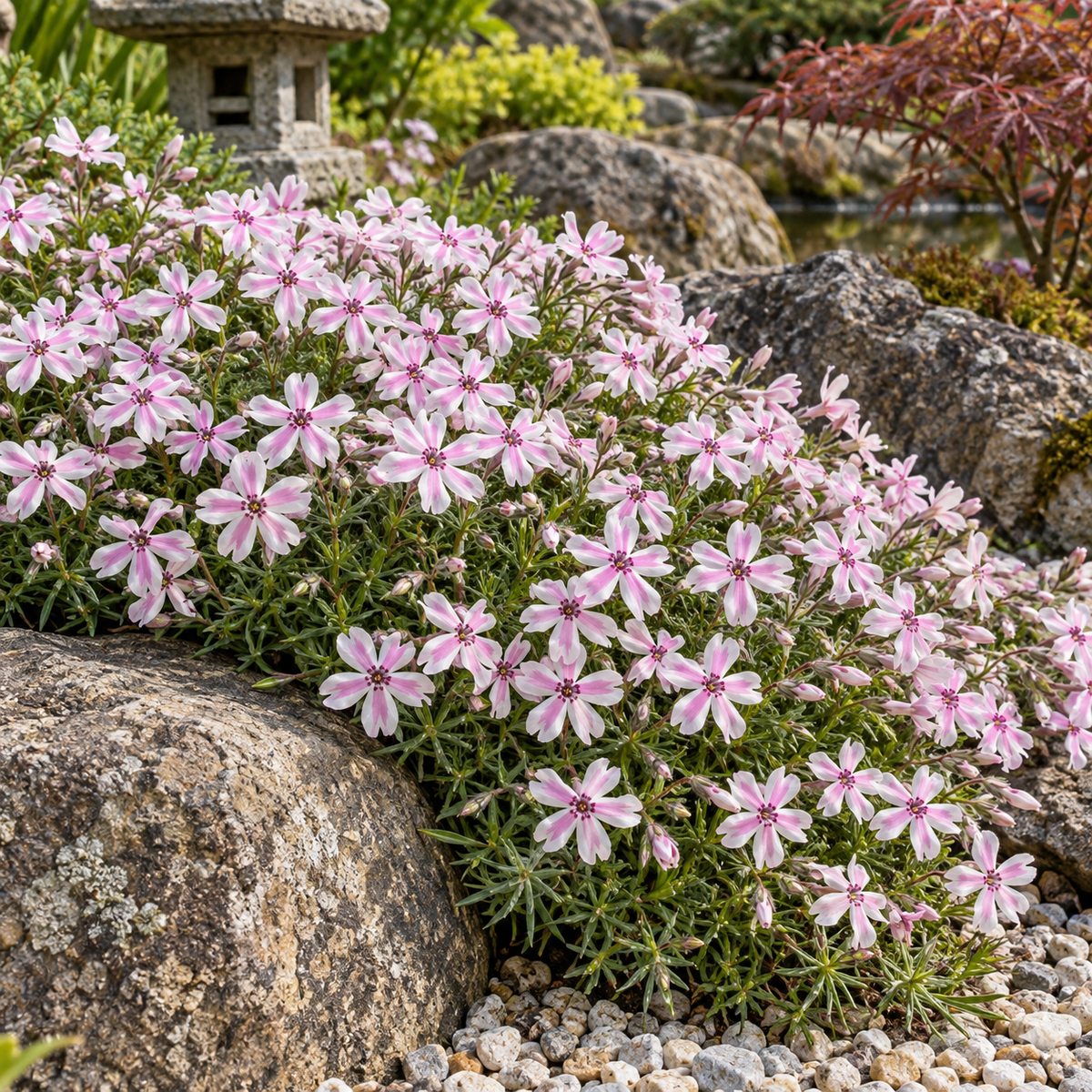 Brumărele târâtoare – Phlox subulata ‘Kimono’ – plantă matură în grădină. Imagine ilustrativă.