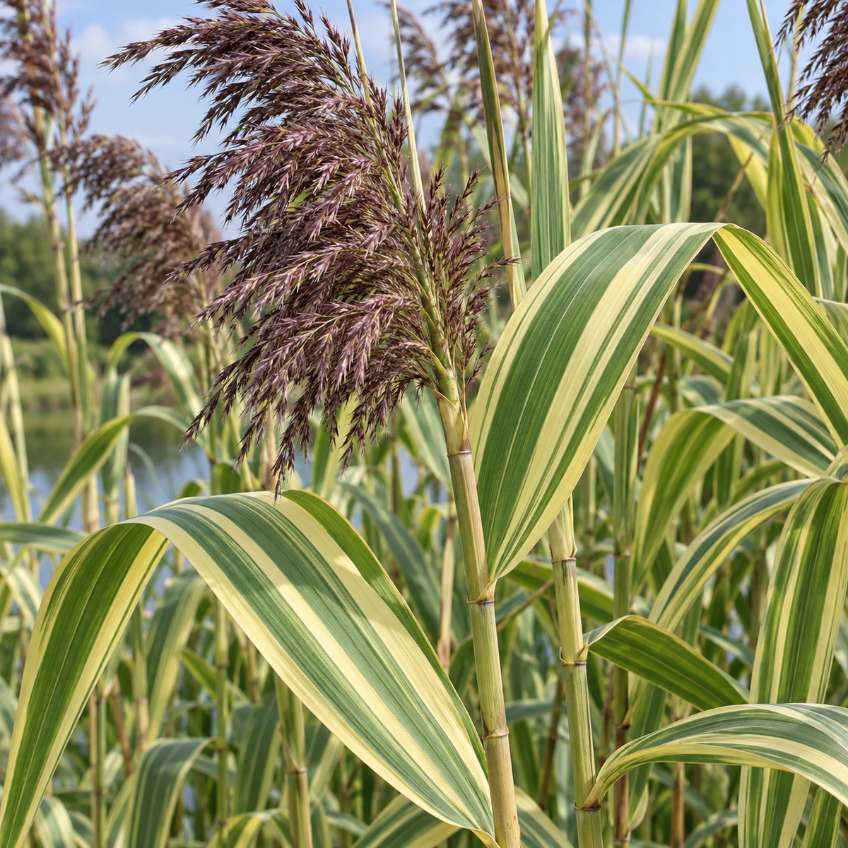Phragmites australis ‘Variegatus’ – detaliu frunze și panicule