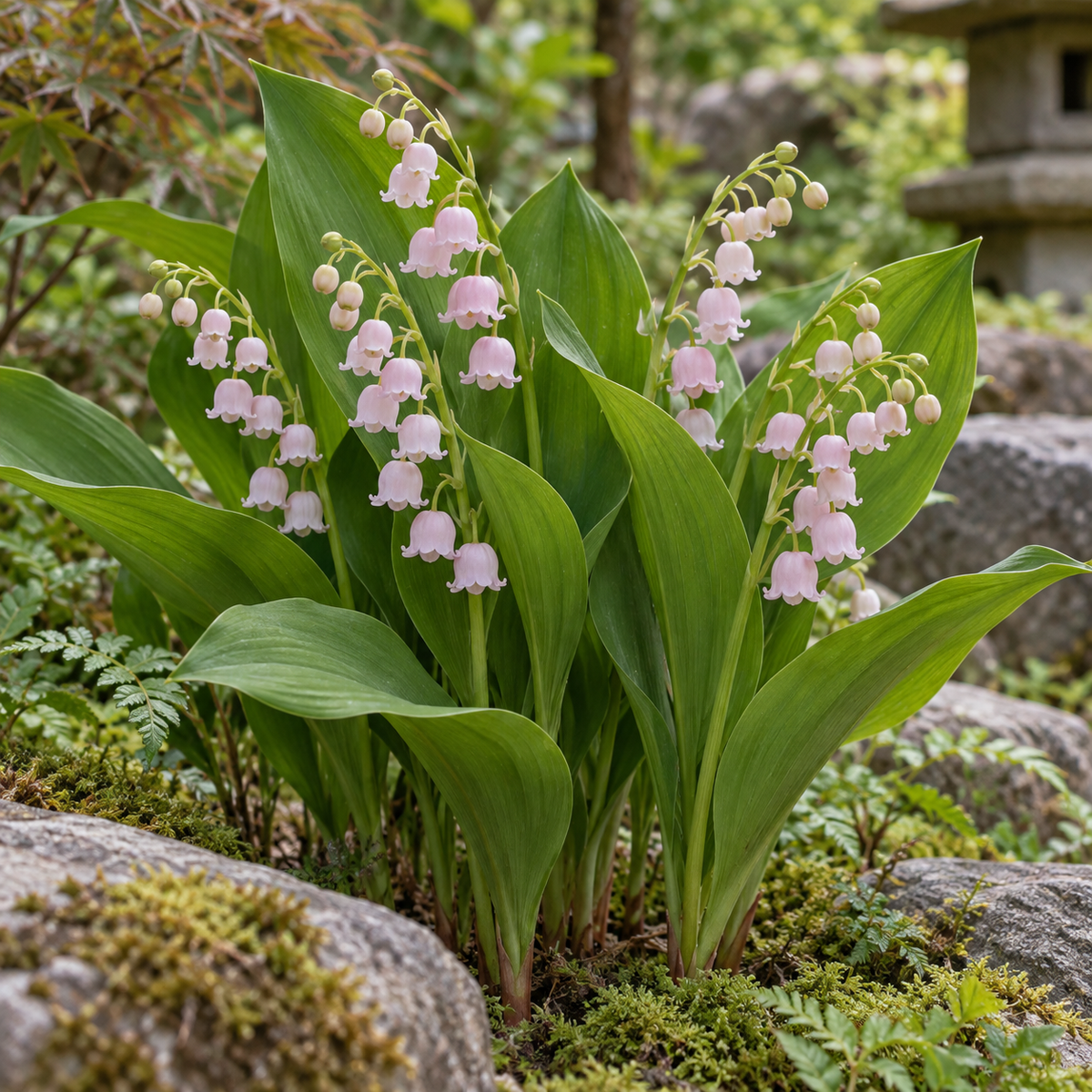 Lăcrămioare roz – Convallaria majalis ‘Rosea’ – plantă matură în grădină. Imagine ilustrativă.