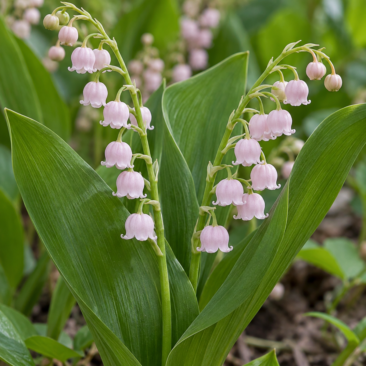 Lăcrămioare roz – Convallaria majalis ‘Rosea’ – detaliu al florii. Imagine ilustrativă.