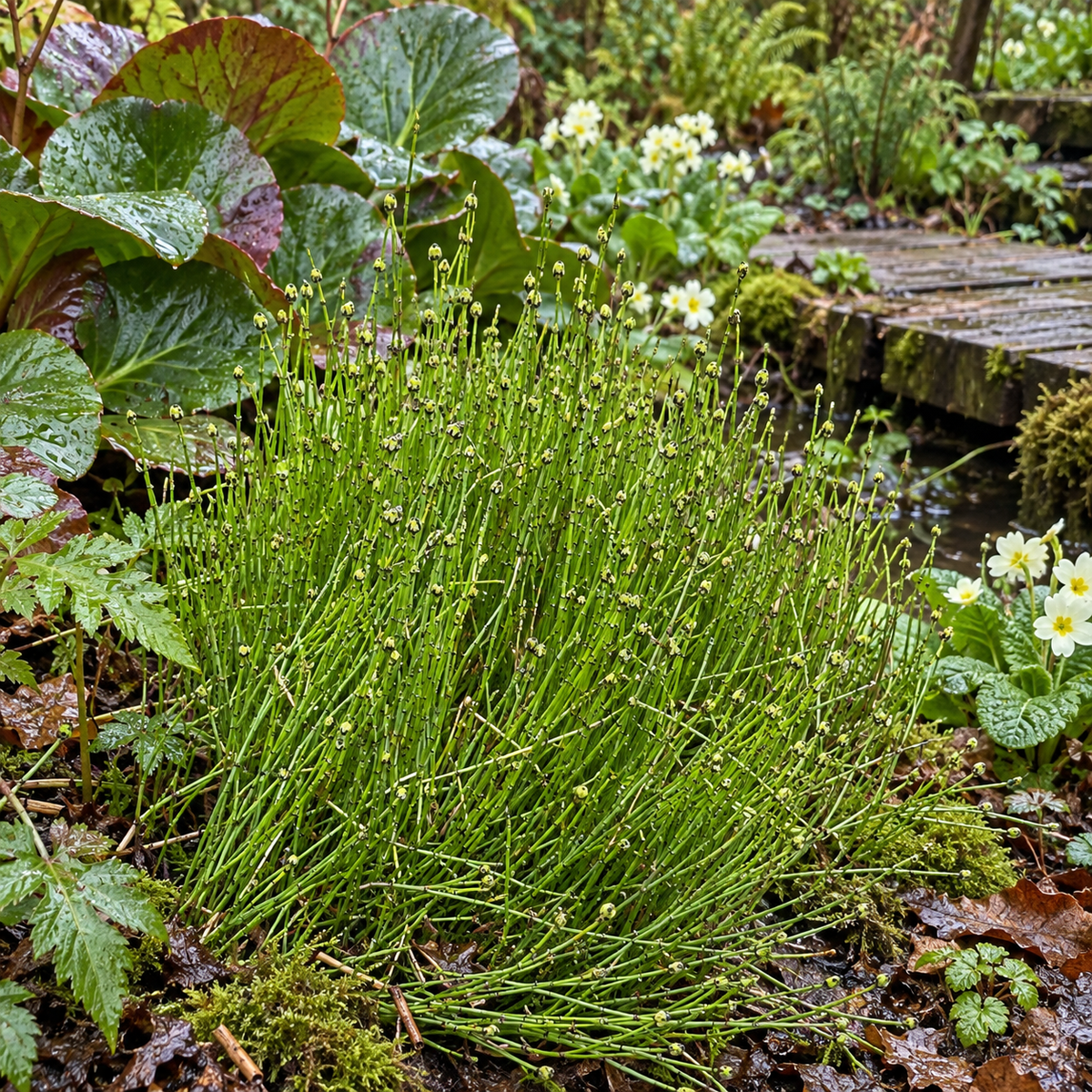 Equisetum scirpoides – amenajare de grădină cu Bergenia și primule