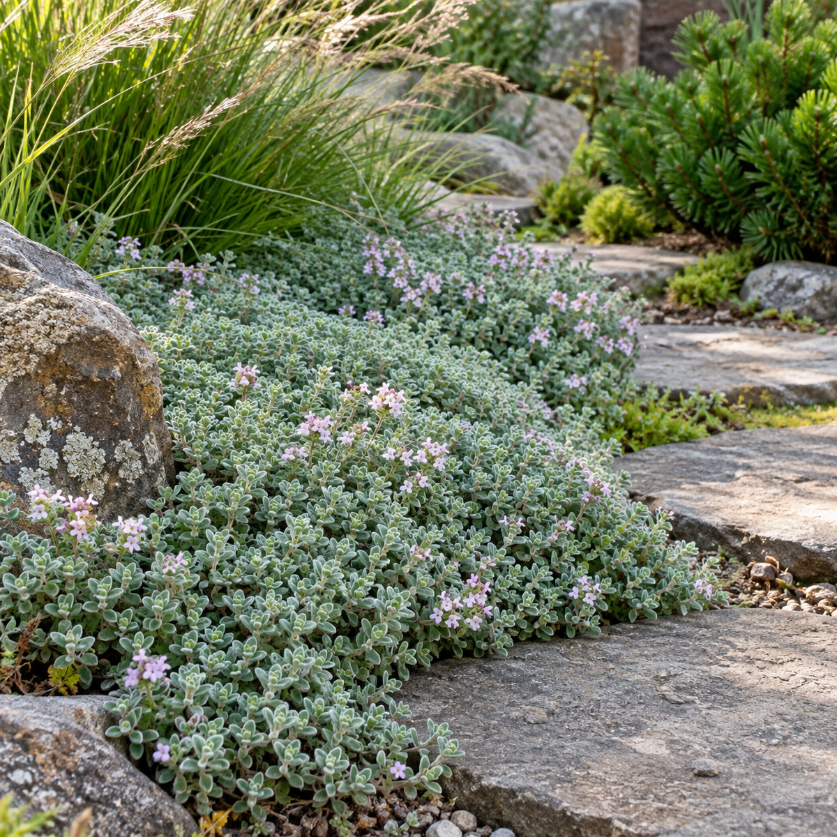 Thymus pseudolanuginosus – compoziție în grădină, imagine orientativă