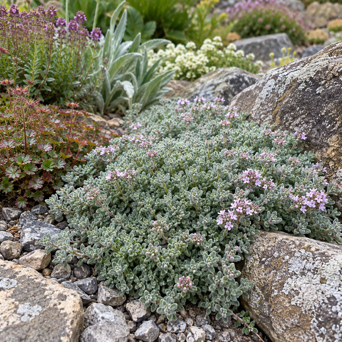 Thymus pseudolanuginosus – compoziție în grădină, imagine orientativă