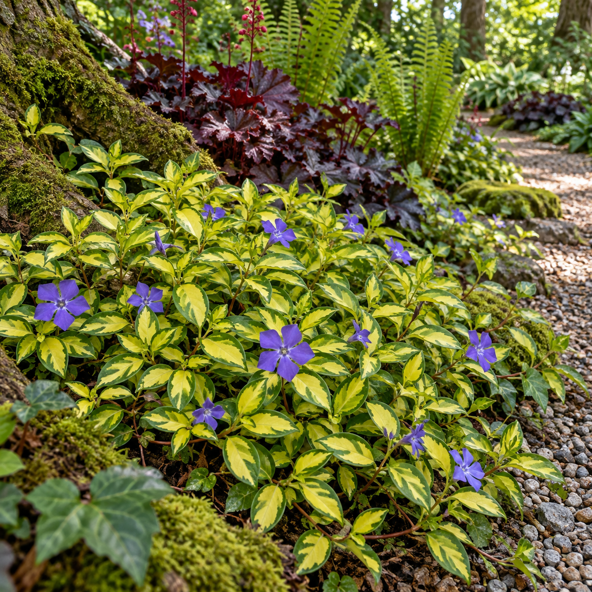 Vinca minor ‘Illumination’ – grădină de umbră cu Heuchera și ferigi