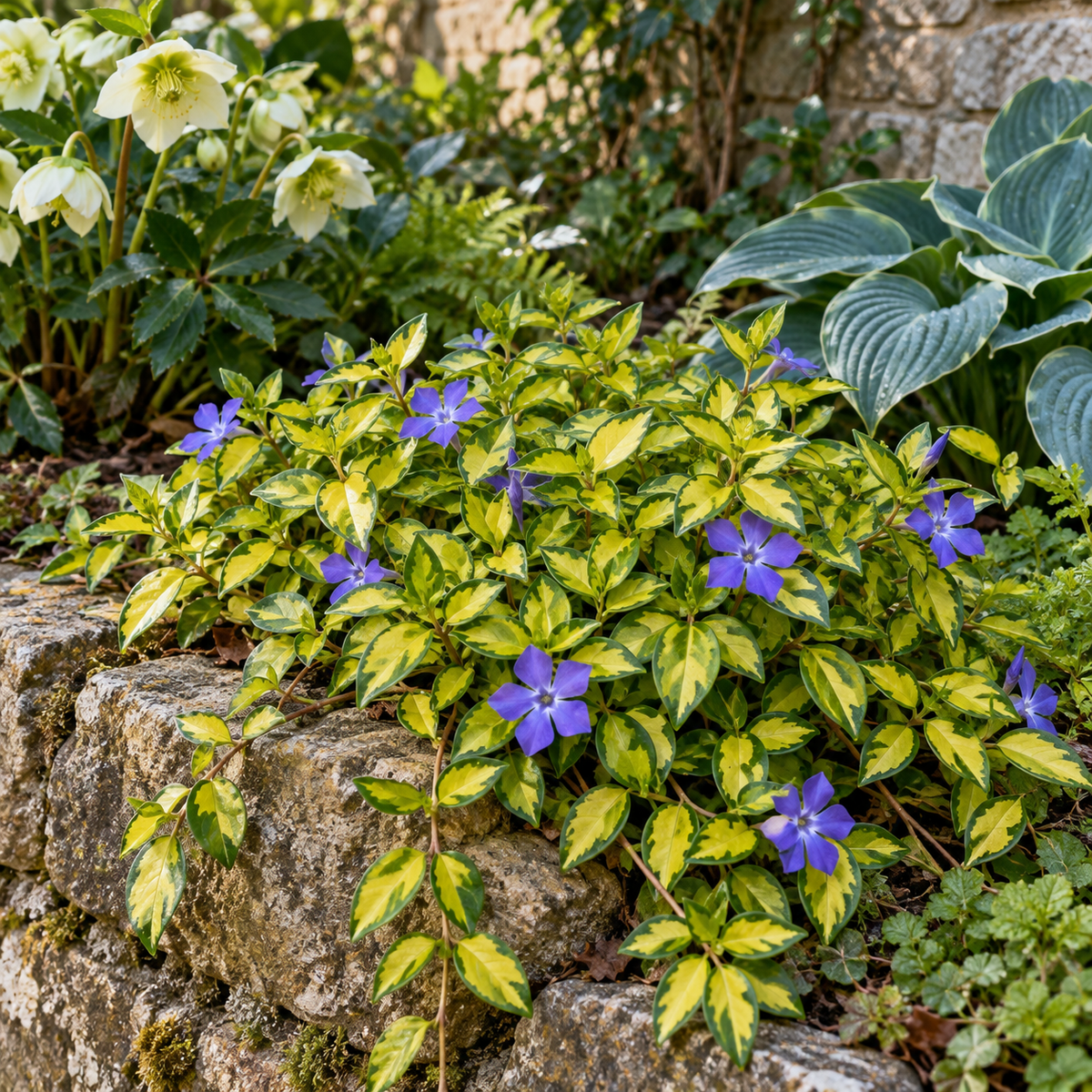 Vinca minor ‘Illumination’ – amenajare cu Hosta și Helleborus
