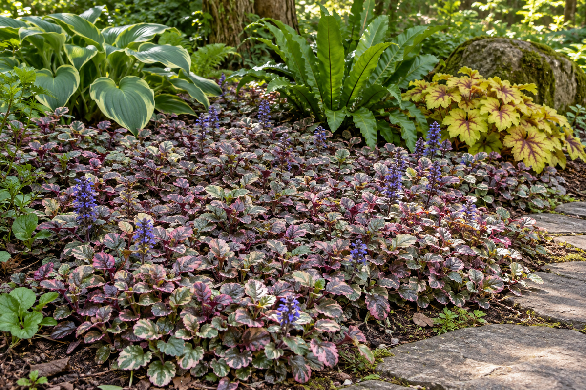 Ajuga Burgundy Glow formează un covor vegetal lângă Hosta, ferigă și Heuchera. Imagine ilustrativă.